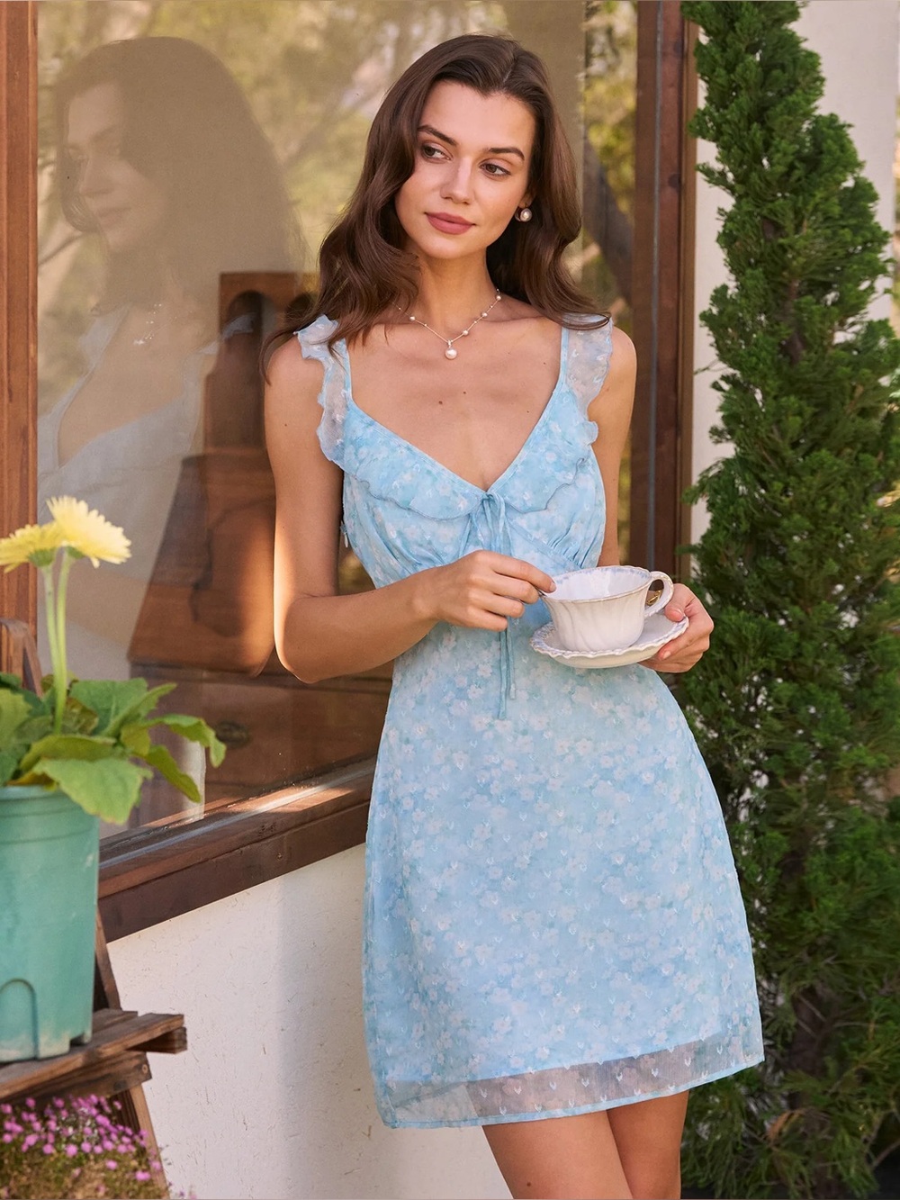 Rihoas Blue V Neck Jacquard Ruffle Mini Dress
